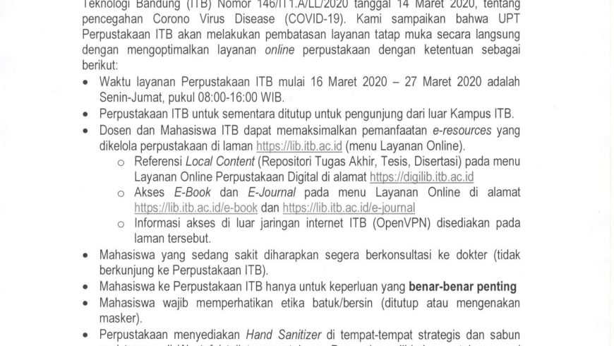 Surat edaran UPT Perpustakaan mengenai pencegahan Corona Virus Disease (COVID-19)