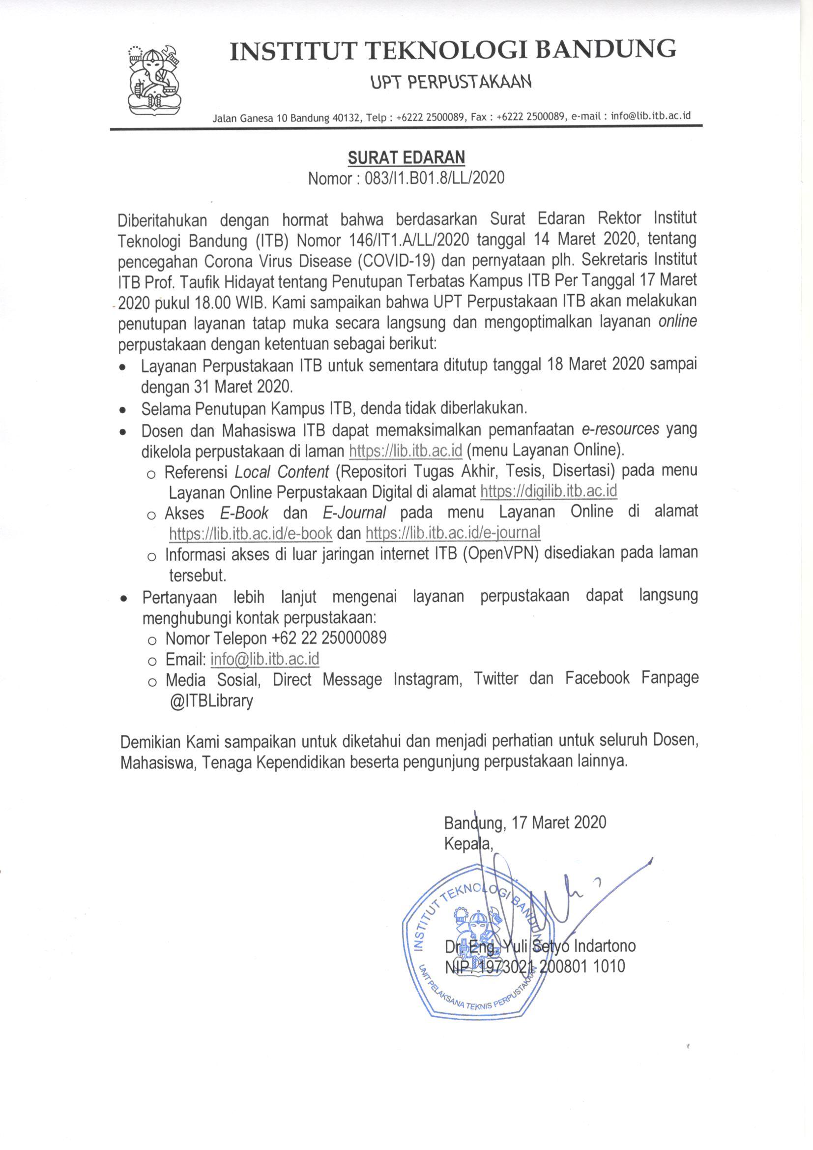 Update – Surat edaran UPT Perpustakaan mengenai pencegahan Corona Virus Disease (COVID-19)