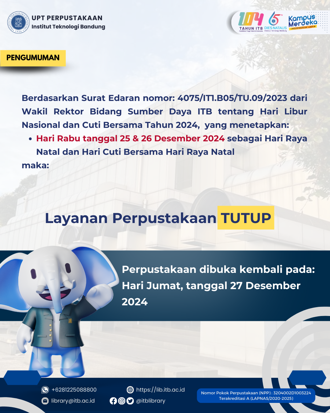 Pengumuman Libur Layanan Perpustakaan (Hari Libur Natal dan Cuti Bersama)