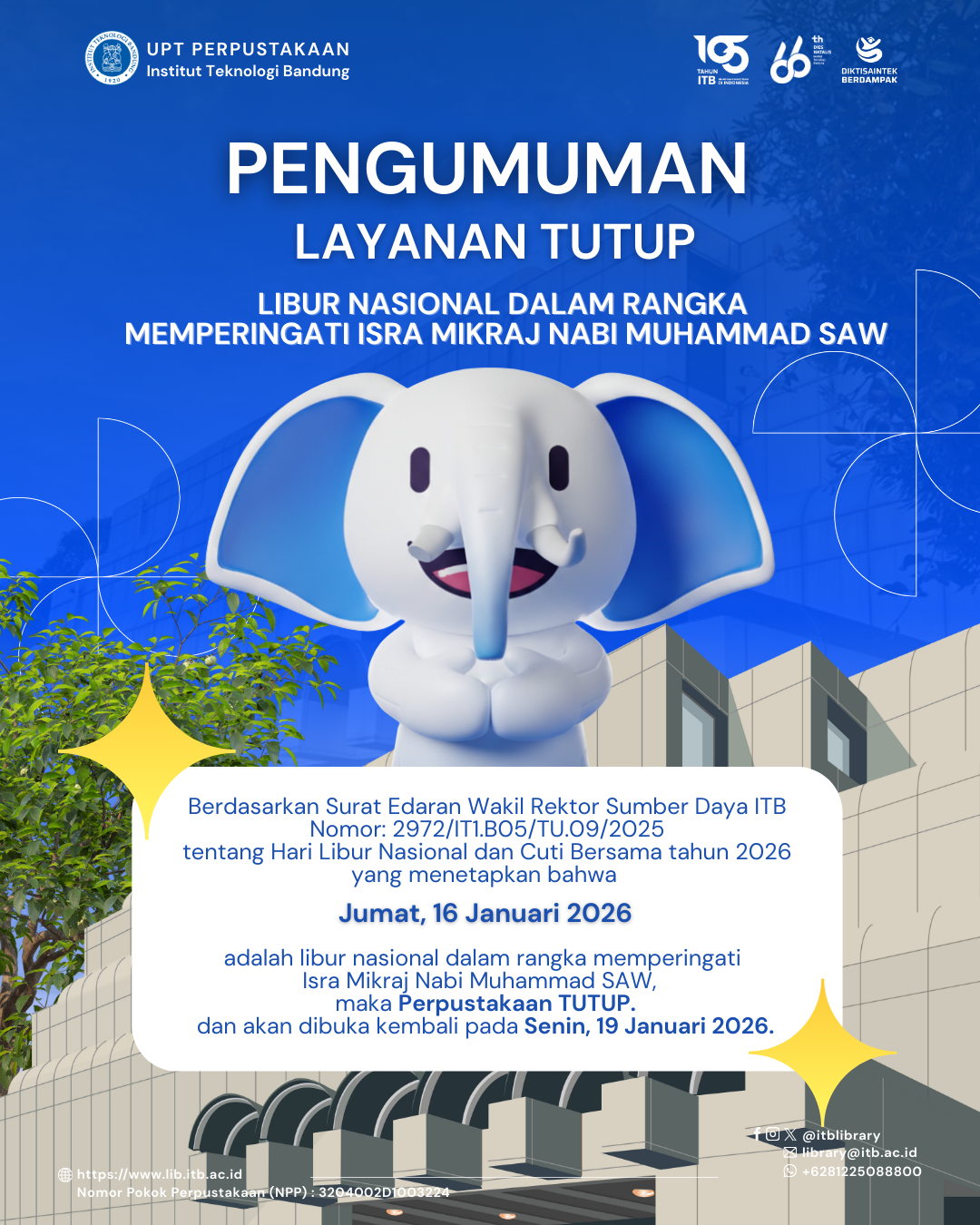 Pengumuman Layanan Tutup Perpustakaan ITB pada 16 Januari 2026