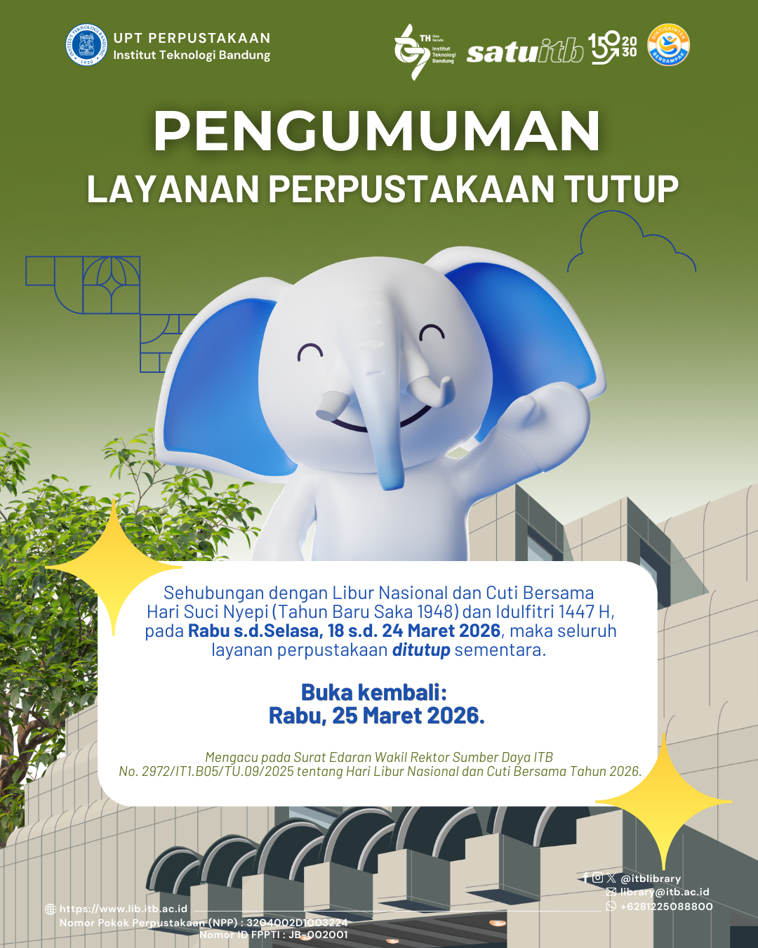 Layanan Perpustakaan ITB Tutup Sementara pada 18–24 Maret 2026